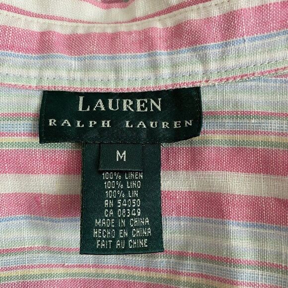 Lauren Ralph Lauren Linen Striped Button Front Boyfriend Long Sleeve Blouse SZ M - Picture 3 of 10